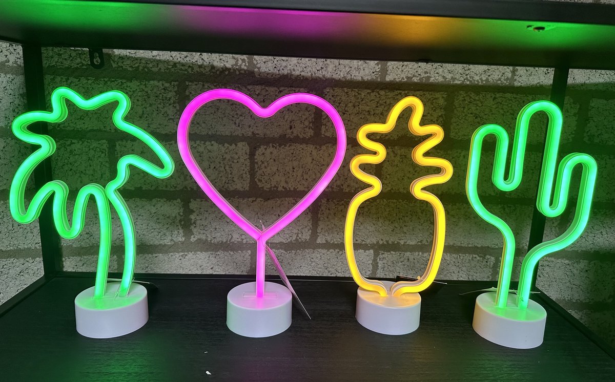 LED lampen met neonlicht - Set van 4 stuks - Palmboom / Hart / Ananas & Cactus - groen/roze/oranje neon licht - hoogte 29.5 x 20 x 8.5 cm / Hoogte 29.5 x 14.5 x 8.5 cm - Tafellamp - Nachtlamp - Decoratieve verlichting - Woonaccessoires