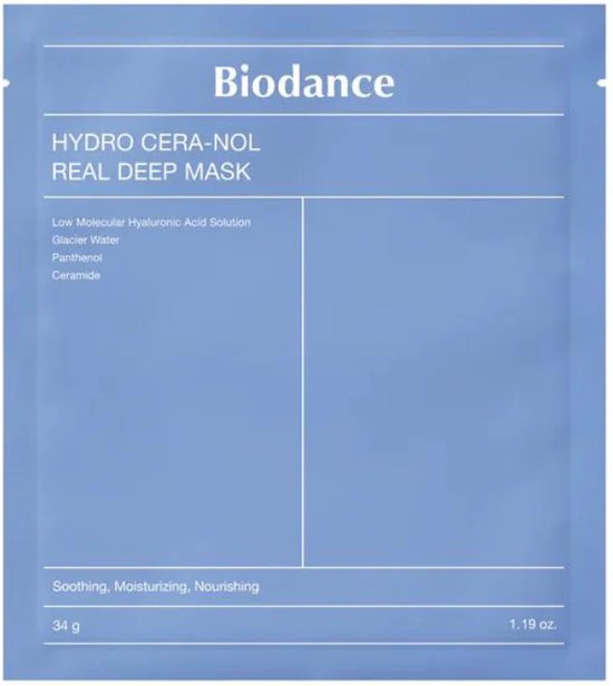 Blauwe Biodance Hydro Cera-Nol Real Deep Mask verpakking met tekst.