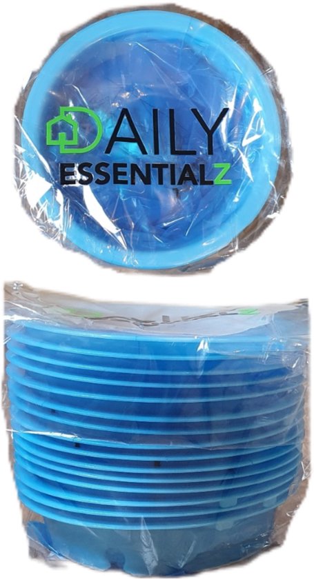 Twee blauwe Daily Essentialz braakzakjes, verpakt in plastic. Een opgestapeld, een als losse ring.