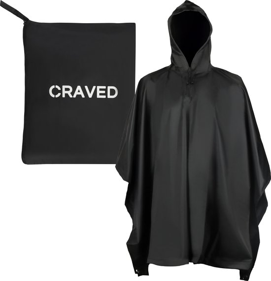 Zwarte poncho met capuchon en opbergtas met witte letters "CRAVED".