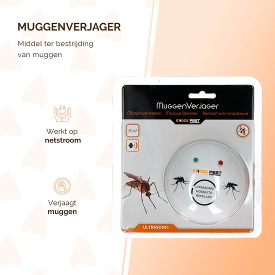 Verpakking van een witte muggenverjager, met afbeeldingen van een muskiet en een mug. Tekst: 'MUGGENVERJAGER', 'Werkt op netstroom', 'Verjaagt muggen'.
