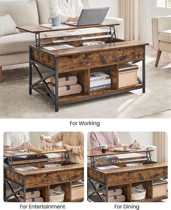 Drie afbeeldingen van een houten salontafel met metalen frame en opklapbaar tafelblad, getoond voor werken, entertainment en dineren.