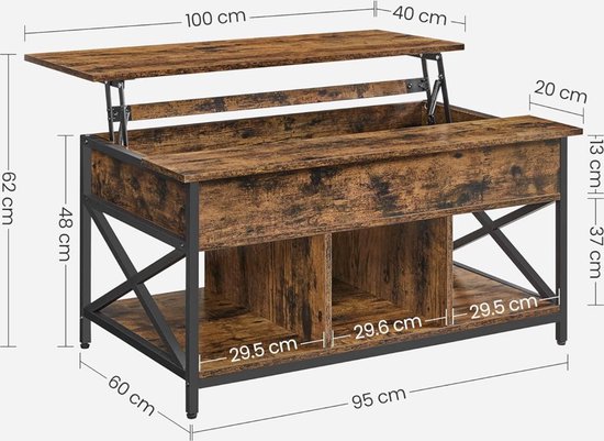 Afmetingen van een houten salontafel met metalen frame en opklapbaar tafelblad.