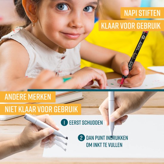 Kind schildert met een rode NAPI acryl stift. Duidelijk te zien dat NAPI stiften klaar zijn voor gebruik.
