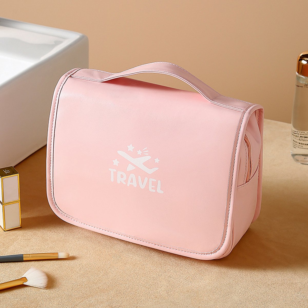 Toilettas Ophangbaar, Make-Up Tasje met Haak, Make Up Koffer, Reistas, Beautycase, Toilettas Dames, Make Up Tas Organizer, Make Up Etui, Reistas, Beautycase Koffer, Toilettas voor op Reis met Draaggreep en Haak, PU-LEER, Waterdicht, 41x24x8 CM, ROZE