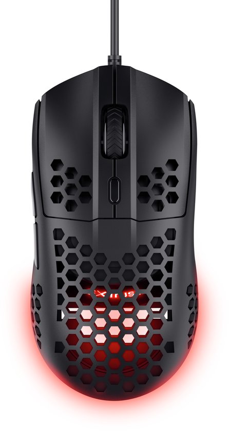 Zwarte gamingmuis met honingraatpatroon en rode LED-verlichting