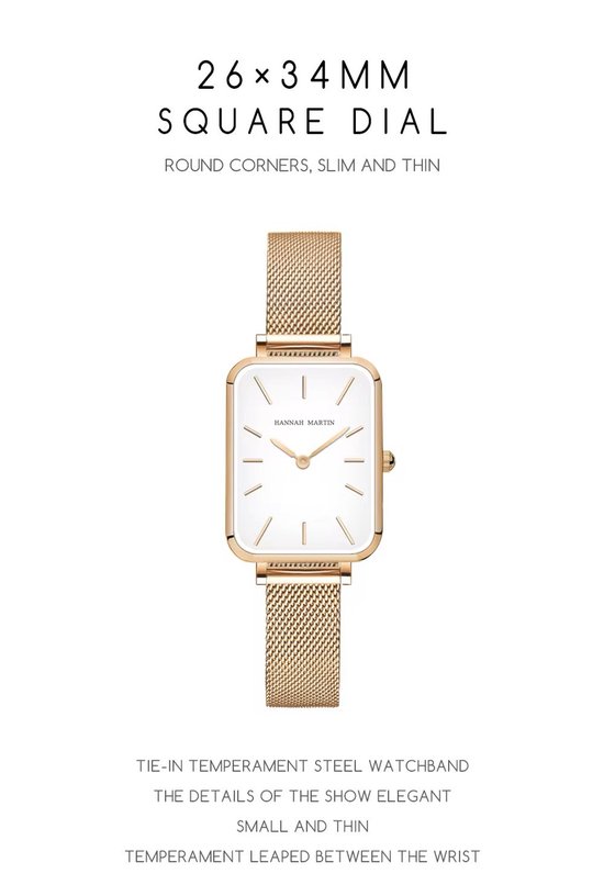 Montre dorée avec cadran rectangulaire blanc, 26x34mm, fine et mince.