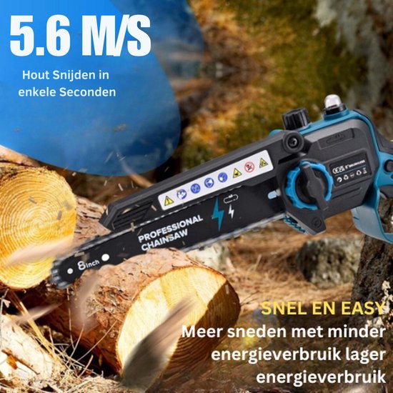 Professionele Mini Kettingzaag - Met Accu - Electrisch - Complete Set - 8000mAh Batterij - Multifunctioneel Gebruik - 1200W - Blauw van Pro — afbeelding 5