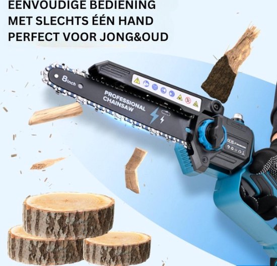 Professionele Mini Kettingzaag - Met Accu - Electrisch - Complete Set - 8000mAh Batterij - Multifunctioneel Gebruik - 1200W - Blauw van Pro — afbeelding 4
