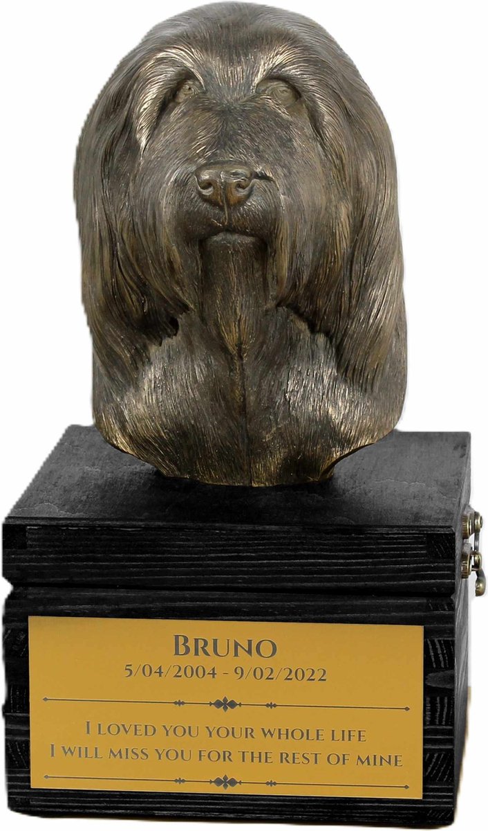 Urn hond met gravure en sculptuur van Bearded Collie, handgemaakt kunstwerk