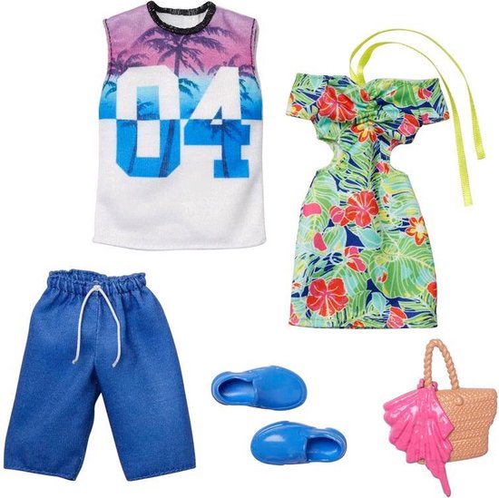 Barbie Kleding Outfit en Accessoires 2-Pack Bloemen Jurk + Schoenen en Handtas - T-Shirt en Broek voor Ken - Barbie Ken kleding