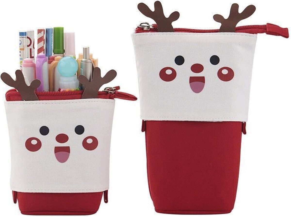 KYDDOI Staande Etui - Pennenzak voor jongens en meisjes - Etuis voor school - Telescopische pennenhouder - Kerst elanden etui - kerstcadeau voor kinderen - Rood