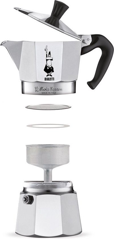Zilverkleurige Bialetti Moka Express percolator uit elkaar gehaald, met de losse onderdelen.