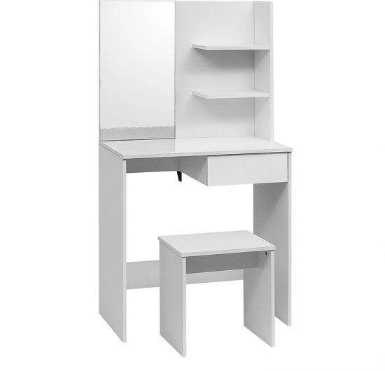 Amalee - Coiffeuse - Wit - Avec miroir - Avec tiroirs - Tabouret inclus - Avec 2 étagères - 75 x 40 x 138 cm (L x P x H) - Table de maquillage - Pour chambre d'adolescent