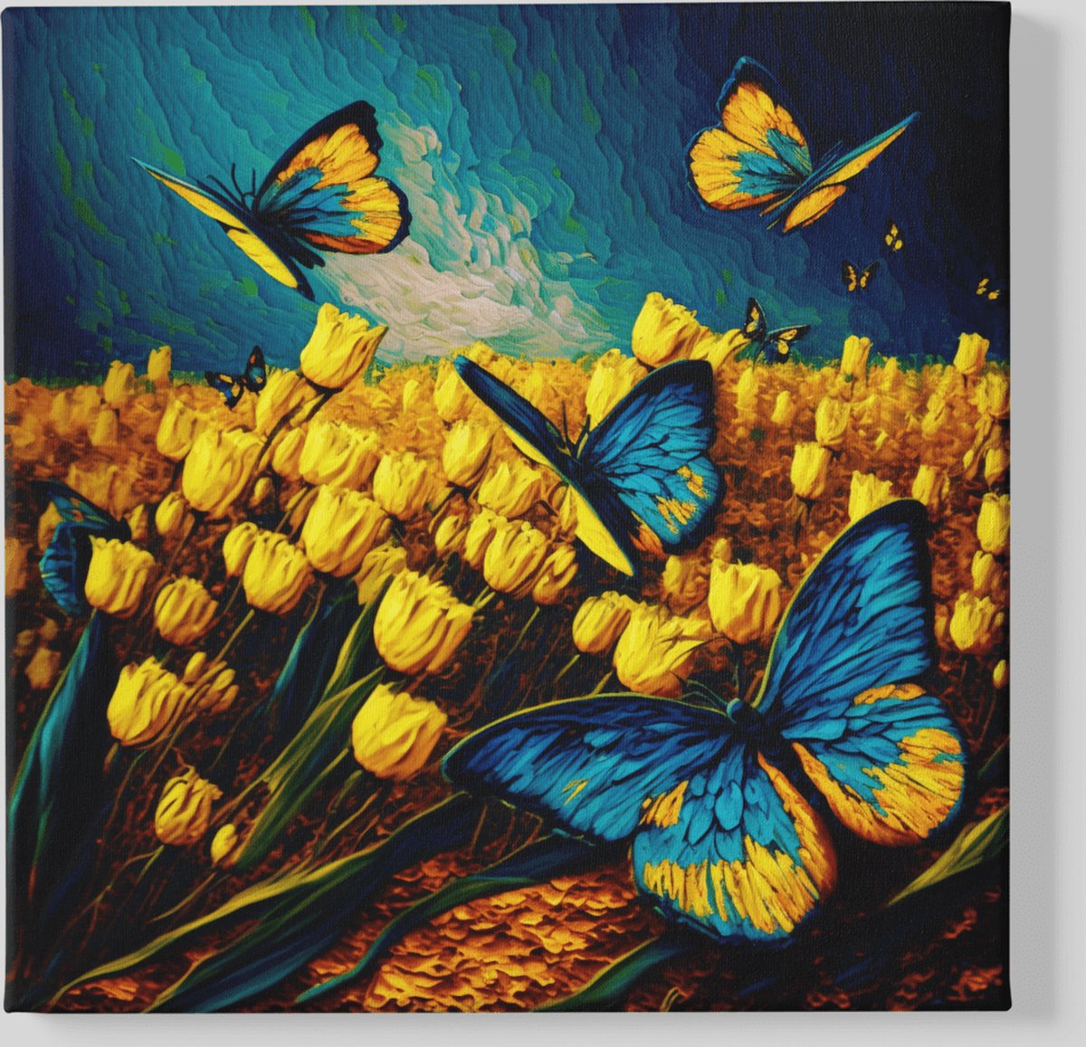 Trendex Global Vierkant Canvas Schilderij - Gele Tulpen en Vlinders - 40x40x2 cm Geel