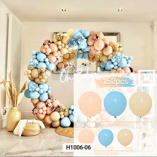 Ballonnenboog in pastelkleuren: zachtroze, lichtblauw en crème, met bloemendecoraties. Tekst 'Oh Baby'. 152 stuks.