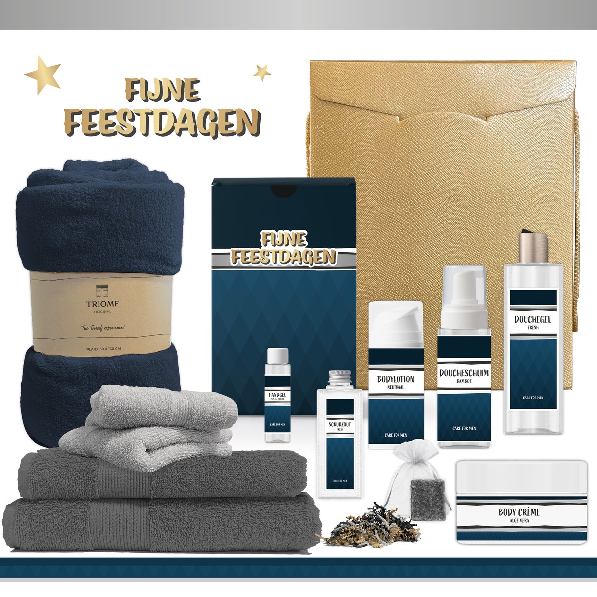 Goedkoopste Geschenkset “Fijne Feestdagen!” - 12 producten - 1910 gram | Luxe Kerst Cadeaubox voor hem - Wellness Pakket man - Giftset Fijne feestdagen - Cadeaupakket Prettige Kerstdagen - Kerstcadeau - Kerstpakket Cadeau - Relatiegeschenk - Gift Goud - Blauw