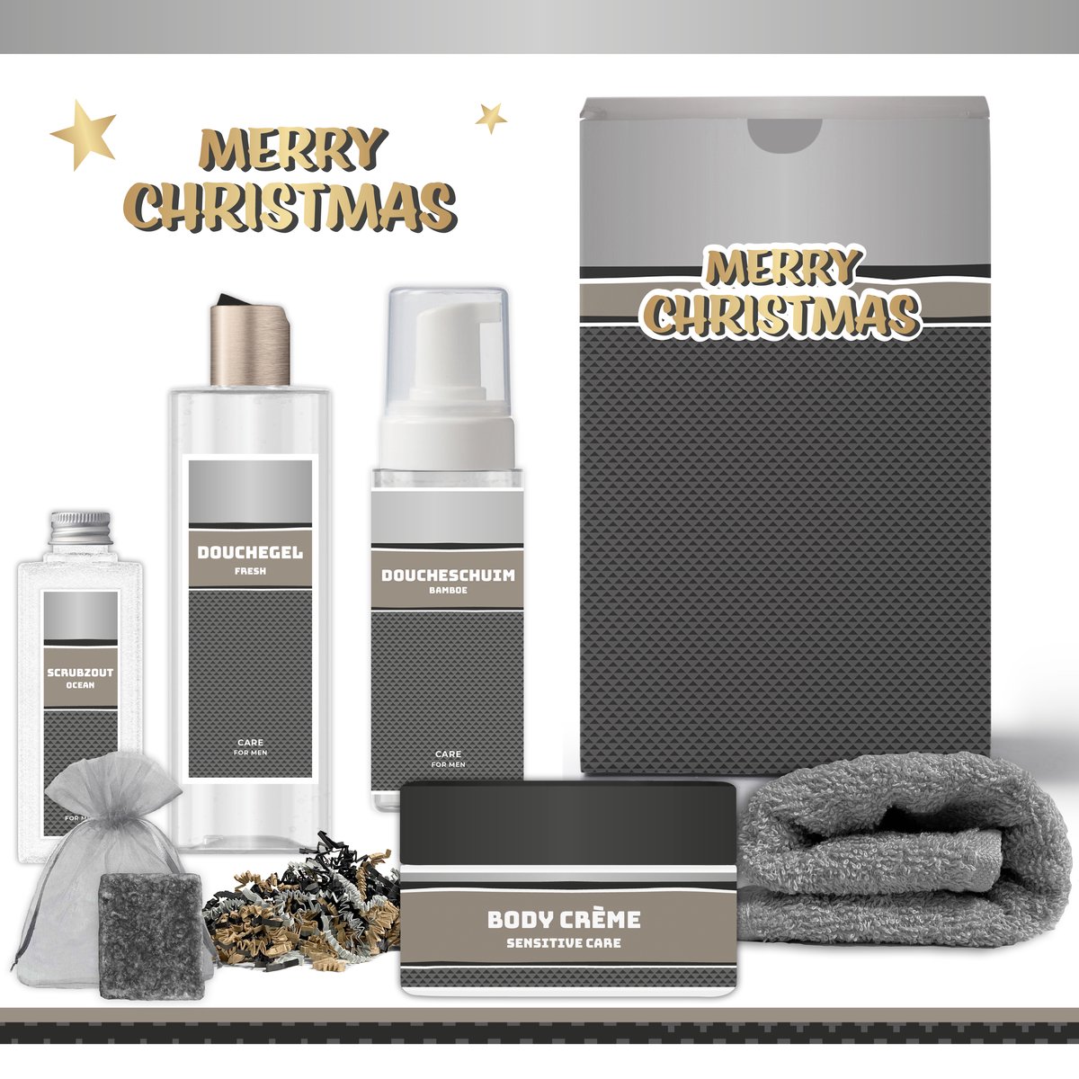 Geschenkset “Merry Christmas!” - 6 producten - 930 gram | Voor Hem - Kerstgeschenk - Kerstcadeau - Christmas Gift - For Him - Cadeau - Kerst - Kerstpakket - Kerstpakketten - Fijne Kerstdagen - Feestdagen - Broer - Vader - Vriend - Werknemer - Zwart
