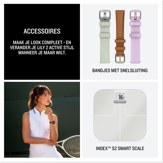 Accessoires: verwisselbare bandjes in lichtgroen, bruin en paars. Een vrouw in sportkleding met een tennisracket. Garmin Index S2 Smart Scale.