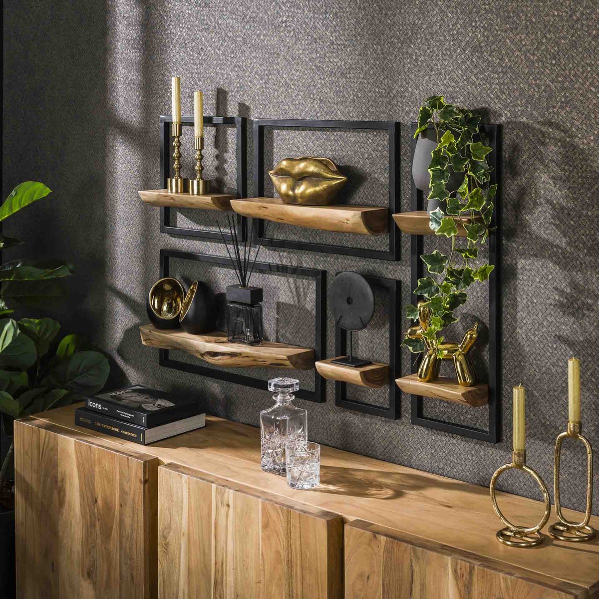 DH Interior Set van 5 wandplanken Viggo acaciahout metaal - Hout - Massief acacia - Industrieel - 25 x 12 x 75 cm