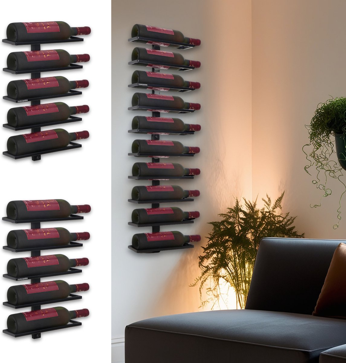 Hanamura Living Wijnrek voor 10 flessen – Modulair ontwerp - Voor aan de muur – Wijnrek zwart metaal - Inclusief handleiding & bevestigingsmateriaal — cadeau in Wonen & Interieur - foto 8