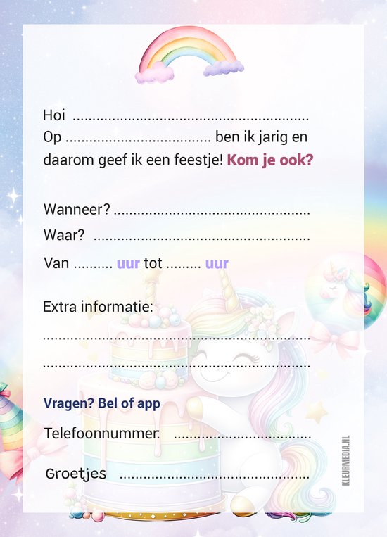 Verjaardagskaart met invulvelden, regenboog en eenhoorn met taart.