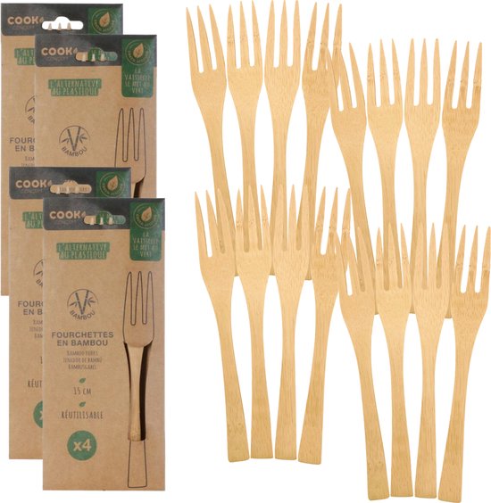 Een verpakking met 16 bamboe vorkjes, 15 cm lang, 'eco friendly' en '16 pcs' zijn zichtbaar.