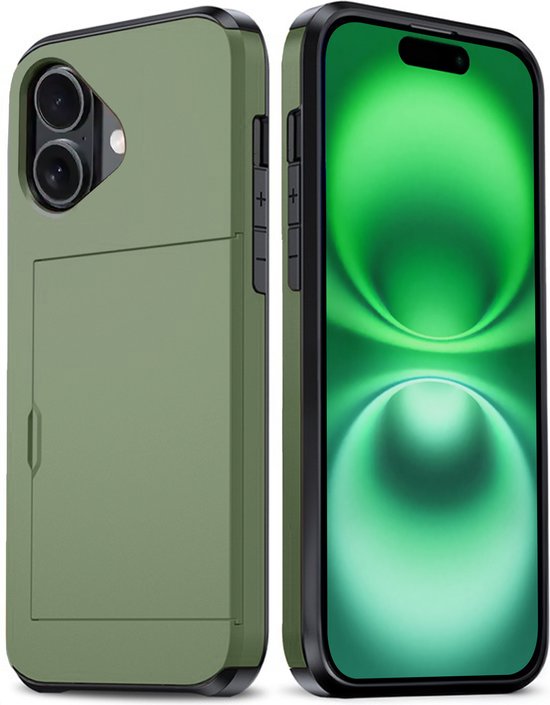 Coque de téléphone verte avec porte-cartes au dos, à côté d'un smartphone avec fond d'écran vert bombé.