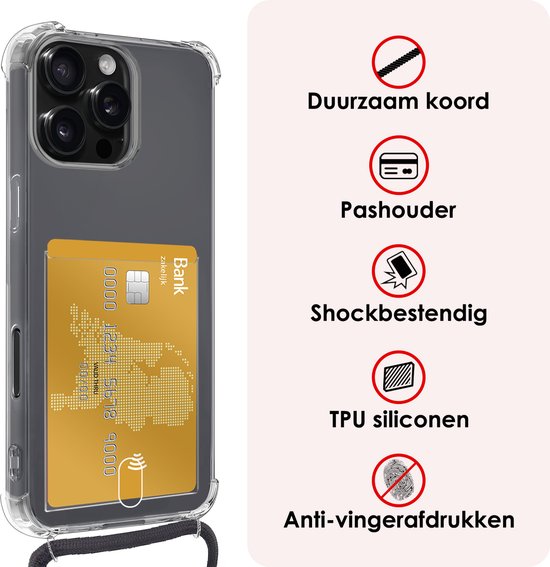 Coque adaptée pour iPhone 16 Pro Max avec porte-cartes et cordon résistant aux chocs, étui en Siliconen avec cordon de téléphone et porte-cartes - Transparent