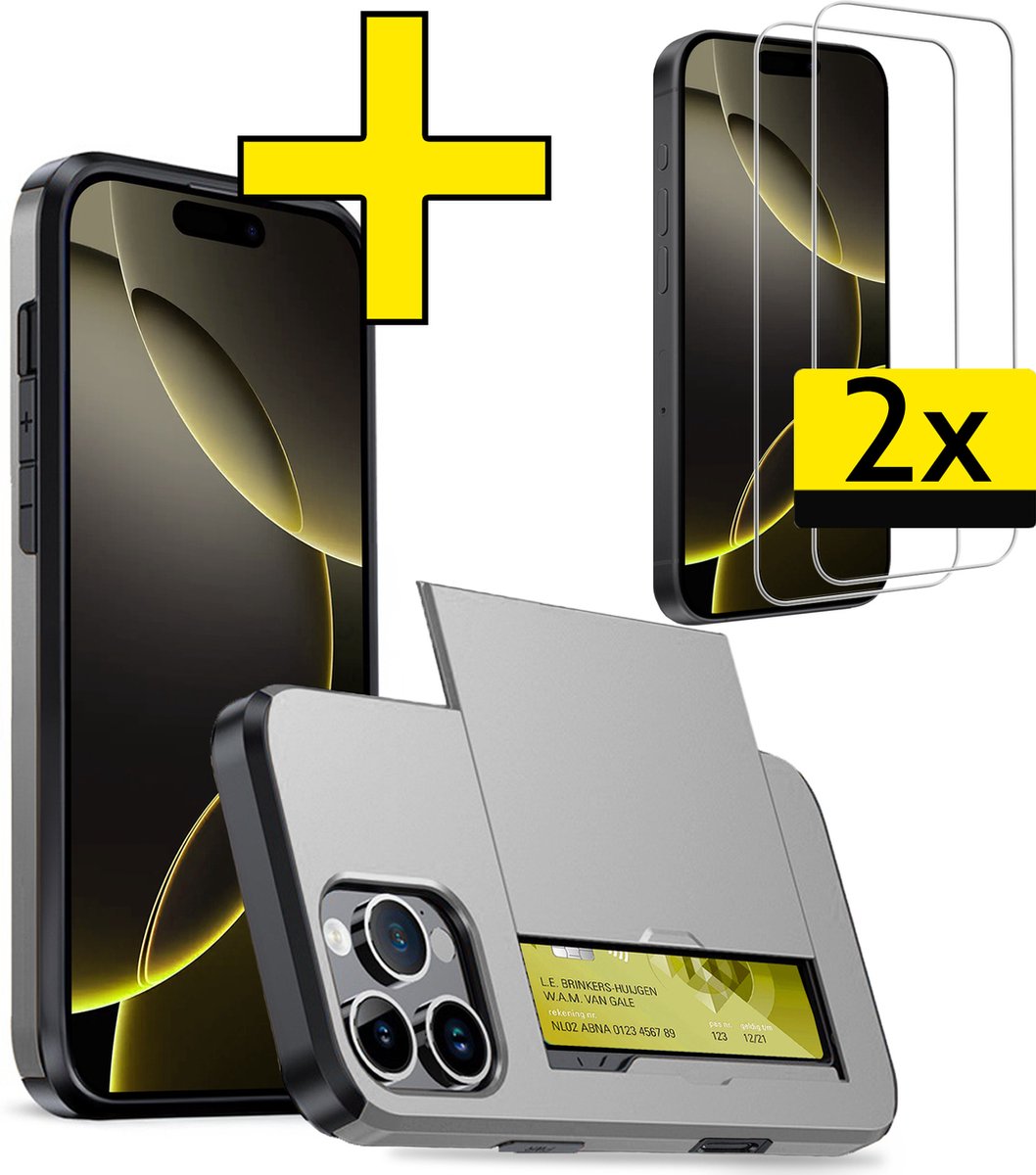 Hoesje Geschikt voor iPhone 16 Pro Max Hoesje Case Pashouder Hard Cover Met 2x Screenprotector - Hoes Geschikt voor iPhone 16 Pro Max Hoesje Met Kaarthouder - Grijs