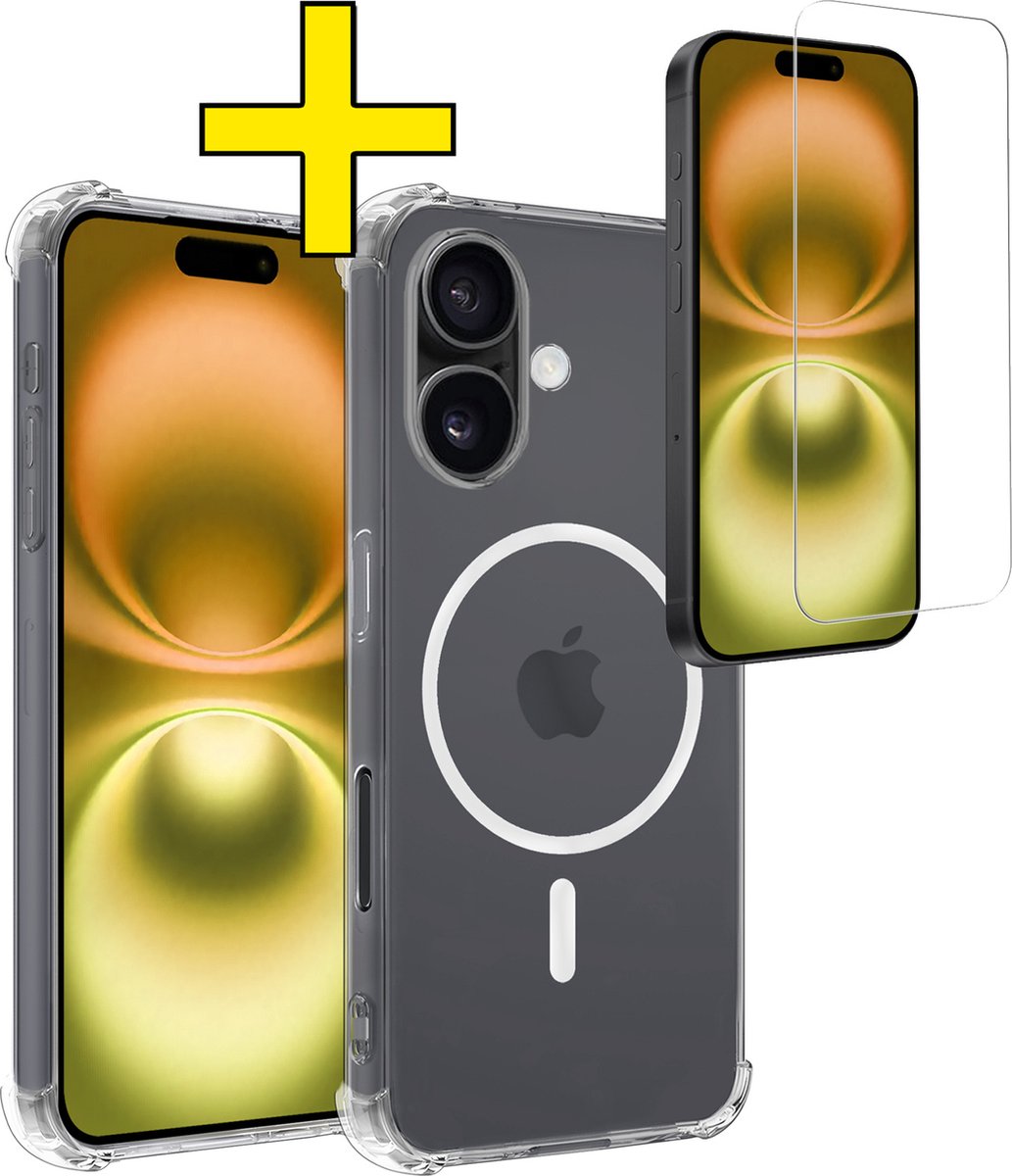 Hoesje - Met Screenprotector - Geschikt voor Apple iPhone 16 - Magsafe Compatible - Sterk & Shockproof - Back Cover - Shock Proof Case - Telefoon Hoes - Telefoonhoesjes - Transparant
