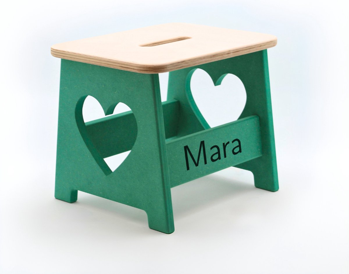 Houten kruk voor kinderen met eigen naam - Kinderkruk - Opstapje - Groen - Hartje - Gepersonaliseerd cadeau
