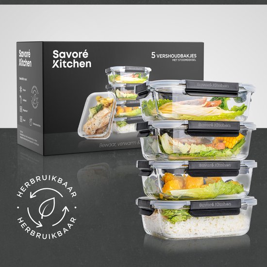 Set de Boîtes de conservation Savoré Kitchen - avec couvercle vapeur - Récipients de Prep de repas - Récipients de congélation en Glas - Hermétique - 5 pièces - 1040 ML