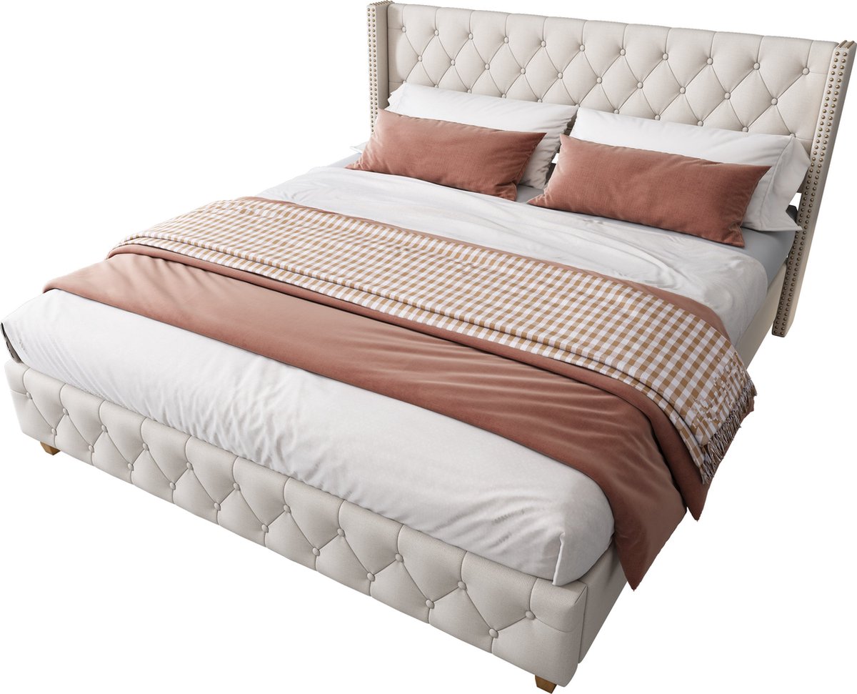 Merax Kingsize Tweepersoonsbed 180x200 cm - Luxe Gestoffeerd Bed met Knopen Decoratie - Beige