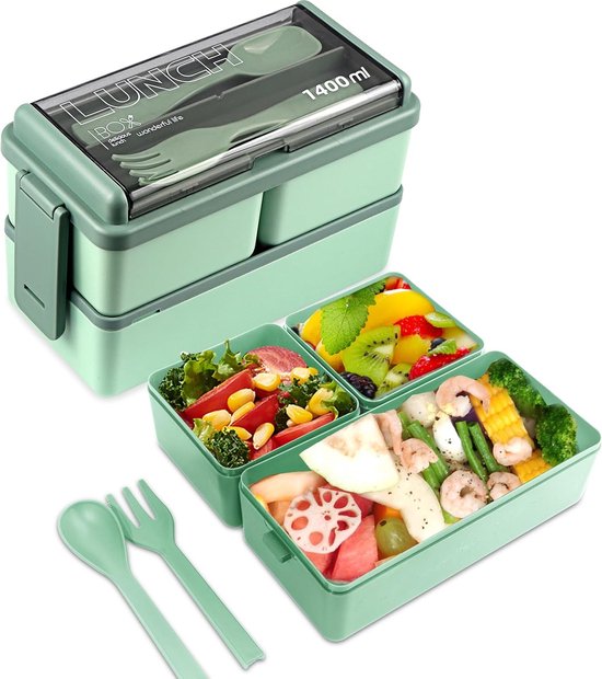 Foto: Lunchbox 1400ml met servies en 3 vakjes lunchbox large luxe bentobo geschikt voor rijst noodles groente vlees en meer voor kinderen en volwassenen roze luchtdicht en lekvrij bpa vrij 