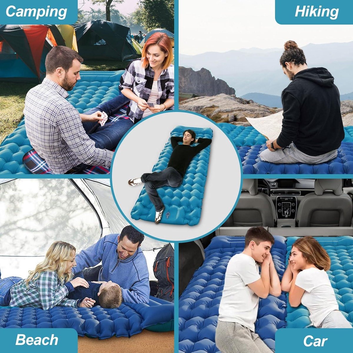 Luchtbed Zelfopblazende campingmat opblaasbare matras voor volwassenen lichtgewicht slaapkussen eenpersoonsbed met kussen voor backpacken wandelen strand blauw groen 10 cm