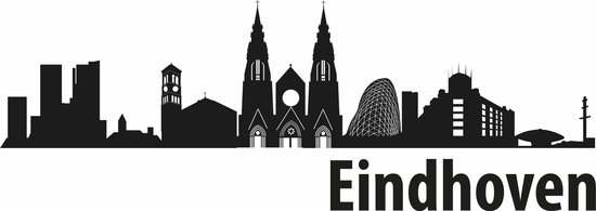 Zwarte skyline van Eindhoven met gebouwen en de tekst 'Eindhoven'.