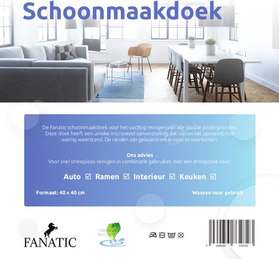 Productafbeelding van een schoonmaakdoek met 'CLEAN DRY' logo, merklogo 'FANATIC' en tekst.