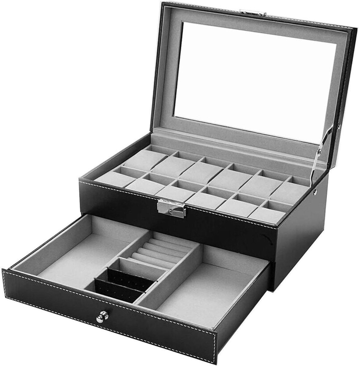 12 Horloge Box met Sieraden Display - Lederen Lade Afsluitbare Horloge Case Organizer - Zwart AW-001