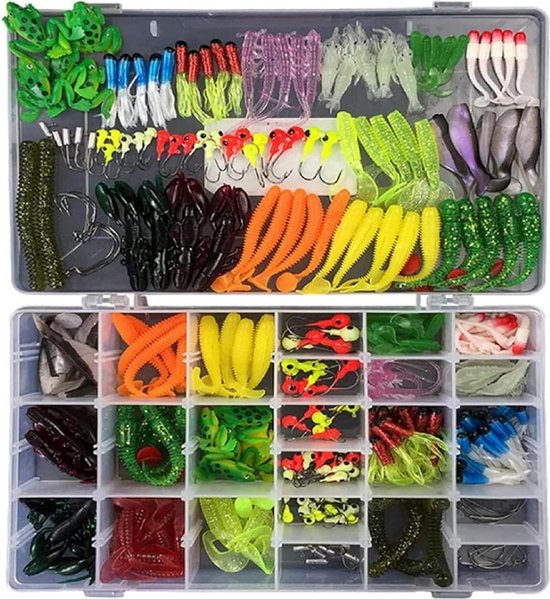 RoseFlower Kunstaas-set, 21-delig, Rubberen Visaccessoires, Hengeluitrusting In Een Visdoos, Inclusief Vishaken, Wormen, Kikkers, Snoekaas, Forelaas