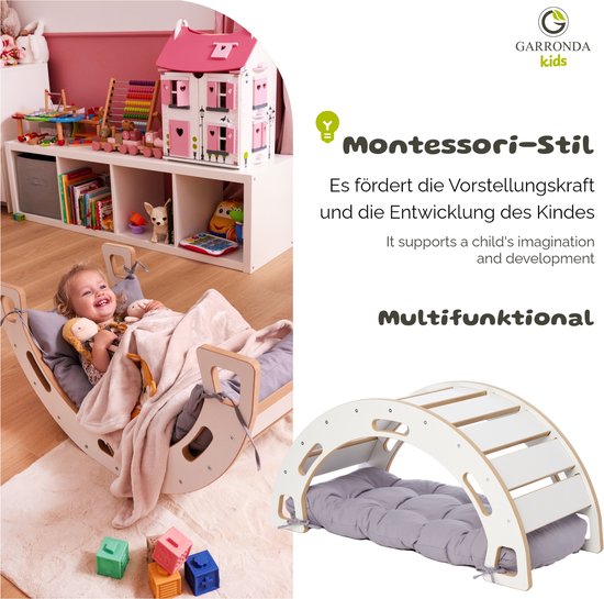 Garronda Houten Klimbrug Klimboog Inclusief Kussen - Montessori Klimrek - Naturel Hout - Kinderspeelgoed - Kussen - Wit - GD-OBU