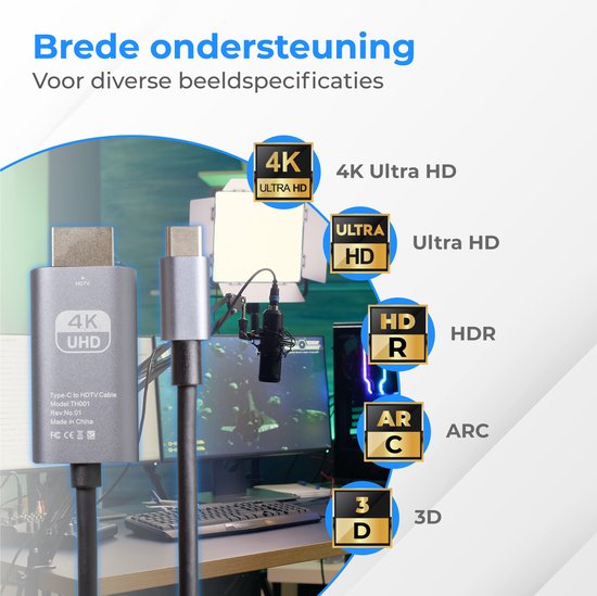 USB-C naar HDMI kabel met 4K UHD, Ultra HD, HDR, ARC en 3D ondersteuning. Een computer met de tekst '4K Ultra HD' staat op de achtergrond.
