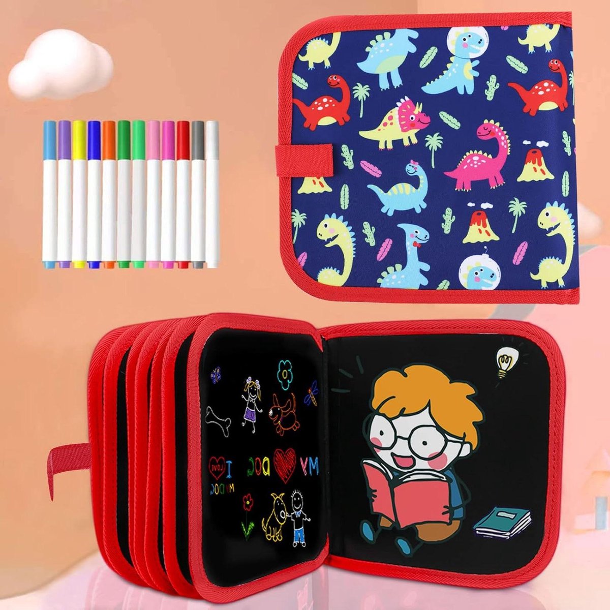 Afveegbaar kleurboek voor kinderen draagbaar uitwisbaar doodle pad graffiti tekenbord handgeschreven schilderen 12 kleurrijke uitwisbare stiften 14 pagina's (kleine dinosaurus) Tekenbord