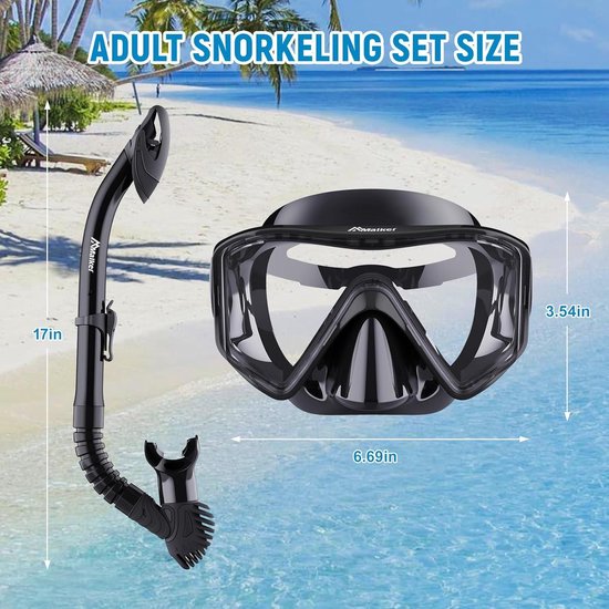 APLOS Snorkelset voor volwassenen, snorkelset met duikbril en droge snorkel, anti-condens, anti-lek snorkelmasker van gehard glas, voor snorkelen, zwemmen en duiken, ijzerhoudend