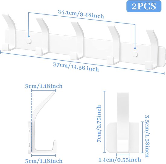 WJUAN 43,5 cm, verborgen wandkapstok met plank, kledinghakenlijst, 5 haken, jashouder, muur, wandhaken, garderobe, wit, voor hal en slaapkamer