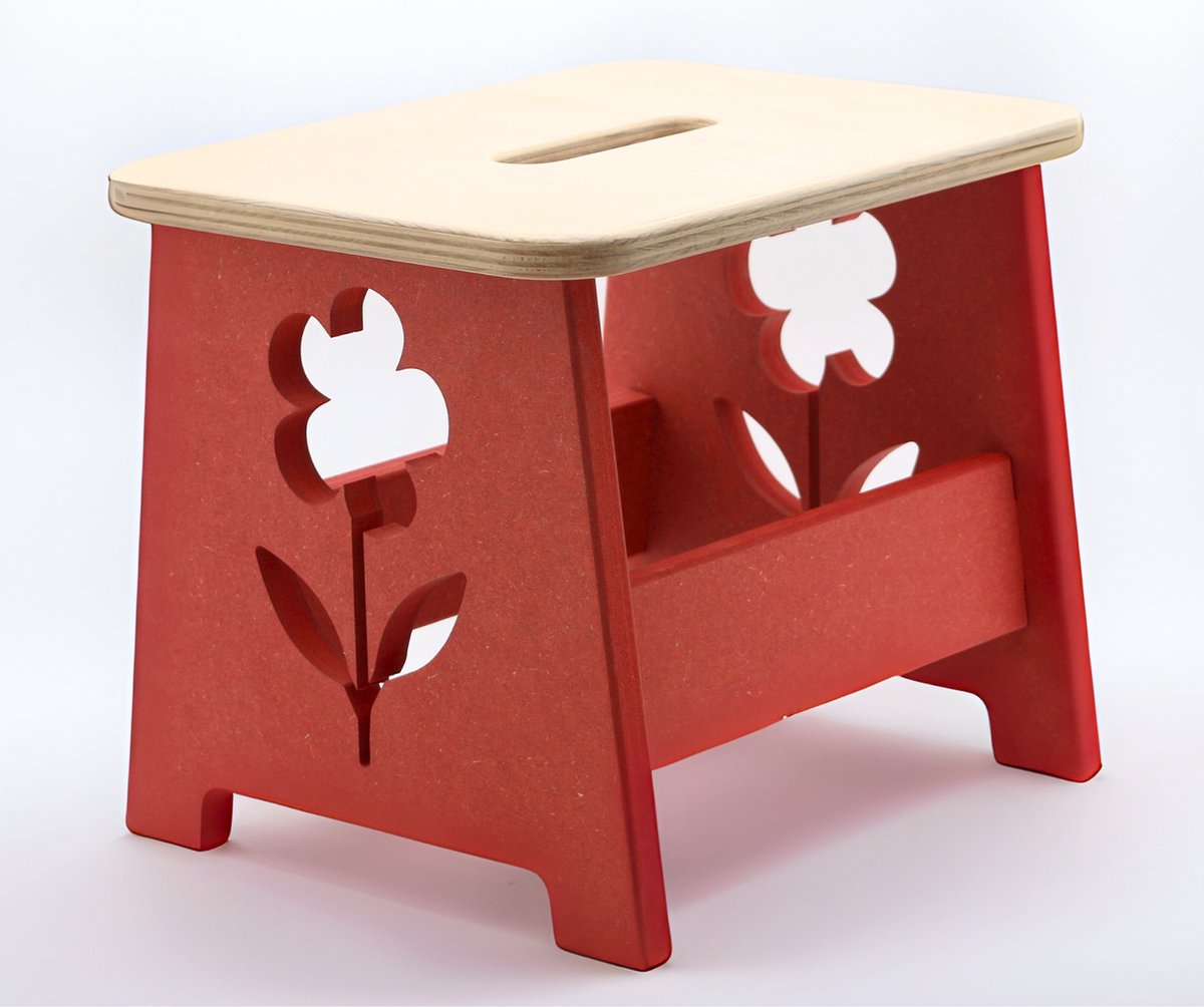 Houten kruk voor kinderen - Kinderkruk - Opstapje - Rood - Bloem