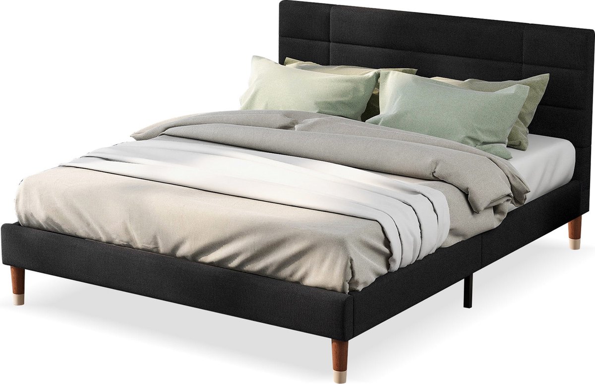 Merax Gestoffeerd Tweepersoonsbed 140x200 cm - Linnen Bed met Lattenbodem en Hoofdbord - Zwart