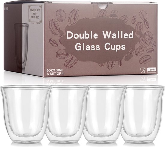 Emballage de 4 verres House of Husk à double paroi, avec des images de grains de café.