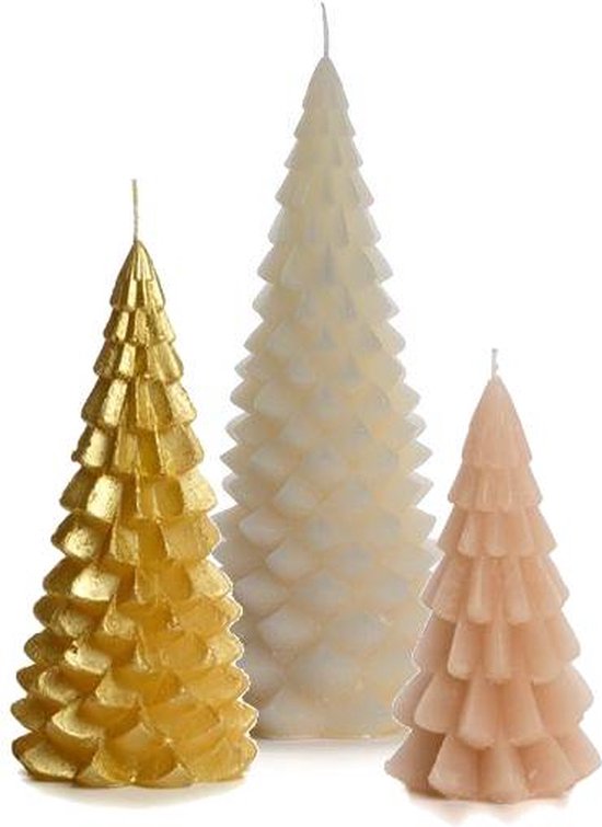 Cactula kwaliteits kerstboom kaarsen set van 3 - 13.5 x 30 cm - 10 x 20 cm - 6.3 x 12 cm - Soft Gold