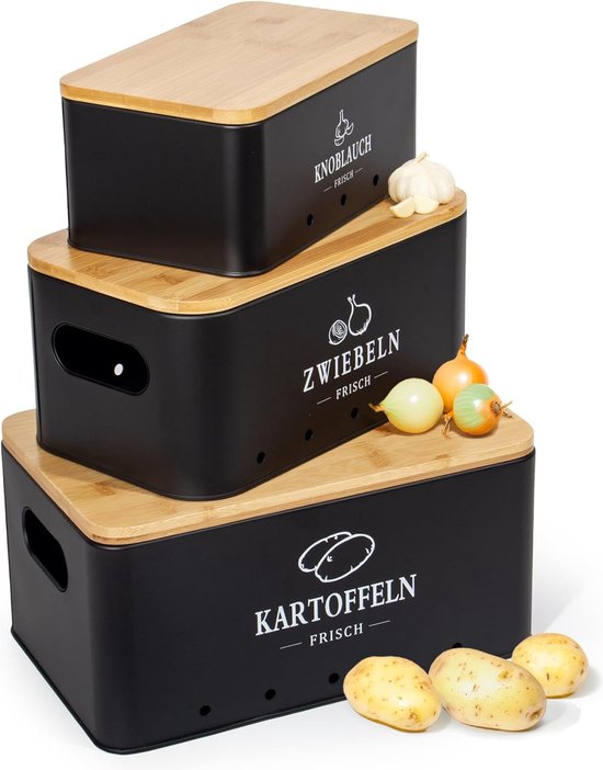 Theo&Cleo Aardappelopbergdoos, 3-delige set, keukenopslag voor aardappelen, uien en knoflook, houdt langer vers (mat beige